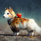 Whimsical white and brown fox with red apple in watercolor