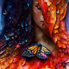 Colorful woman with flame-like hair, butterfly, and water droplets