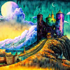 Colorful fantasy landscape with glowing moon, sparkling sea, boats, and whimsical castle