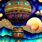 Vibrant steampunk hot air balloon in whimsical night sky