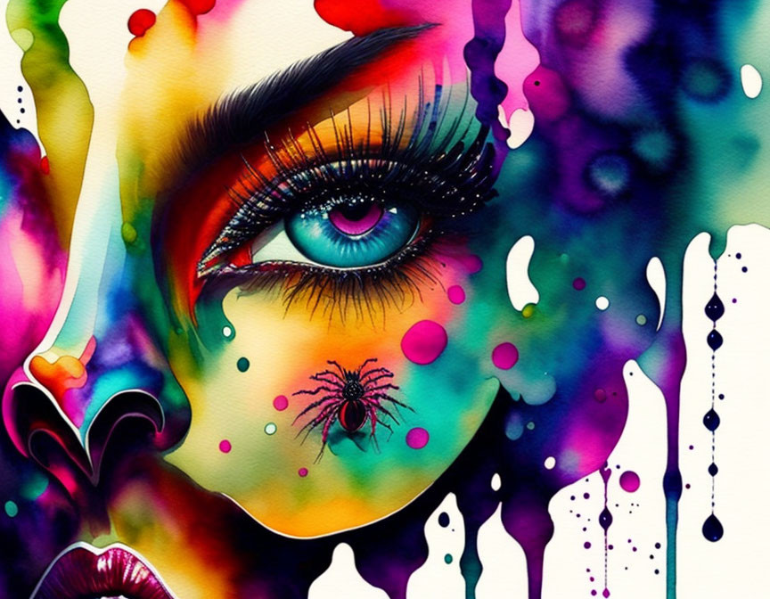 Vibrant woman's eye artwork with dripping paint and spider detail