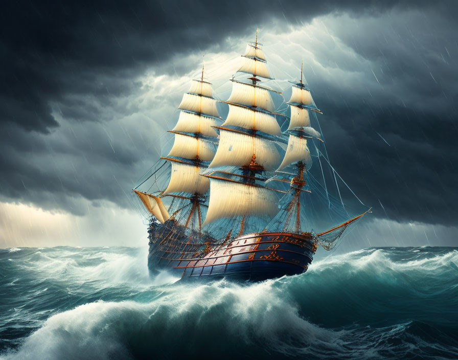 Sailing ship with full sails navigating stormy seas