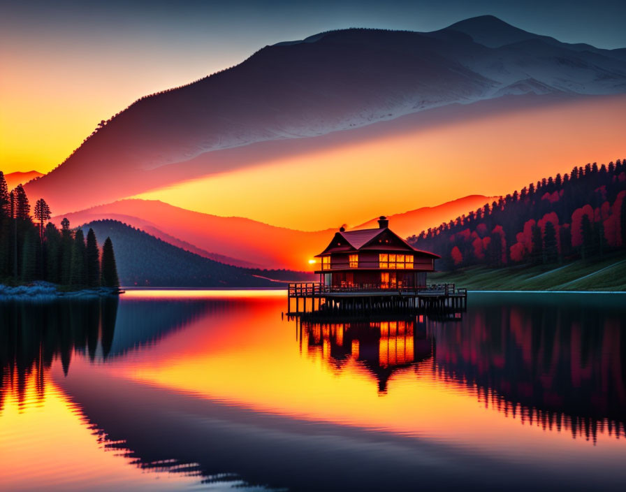 Tranquil sunset scene: mountain lake, house on pier, warm colors, gradient sky