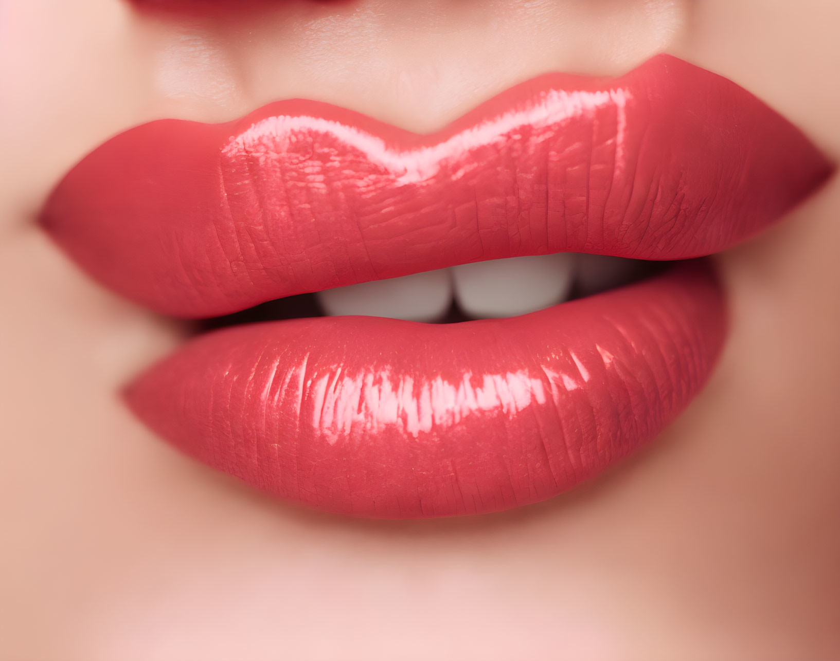 Detailed: Vibrant red lips with glossy lipstick and a gentle smile on soft-focus skin backdrop