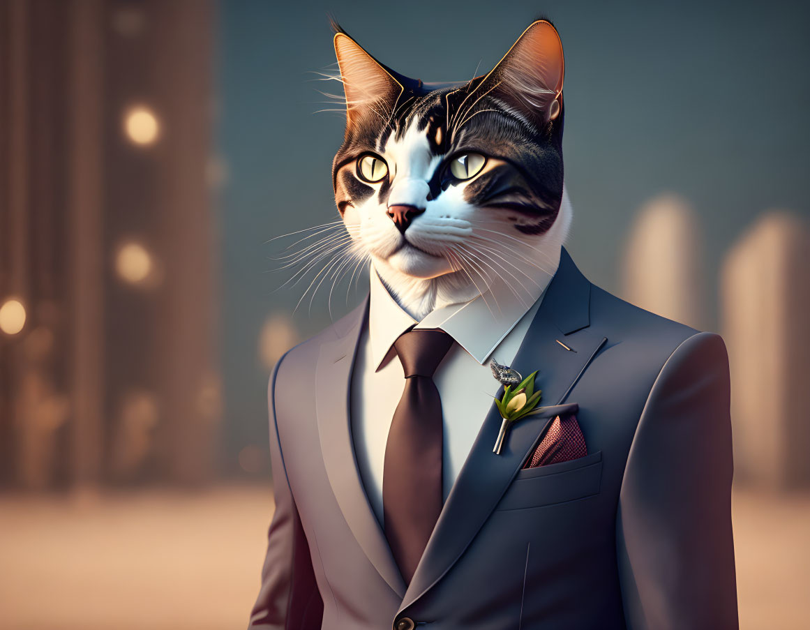 Anthropomorphic cat in suit with boutonnière against city backdrop