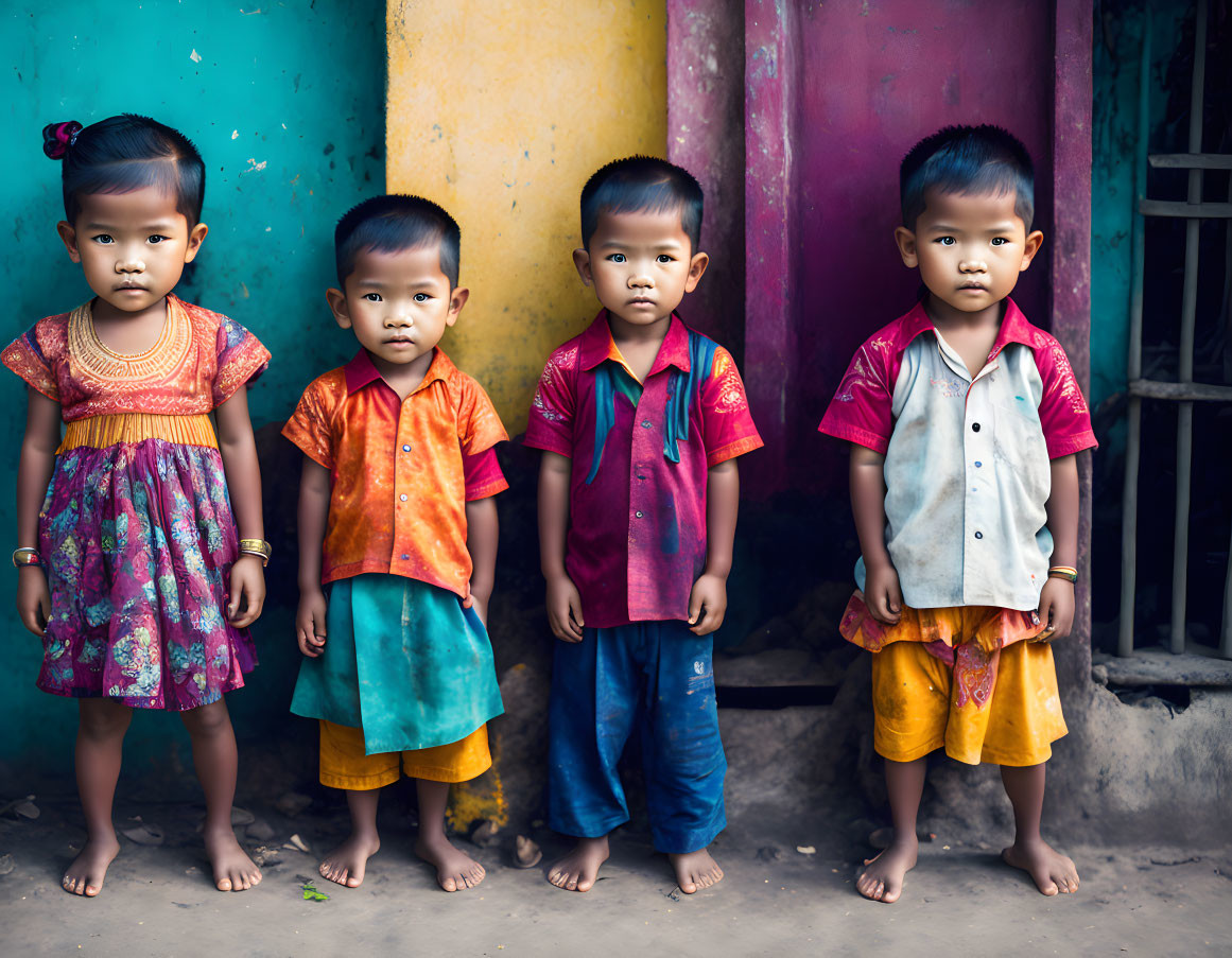 Four Children in Colorful Traditional Outfits Standing in Front of Wall