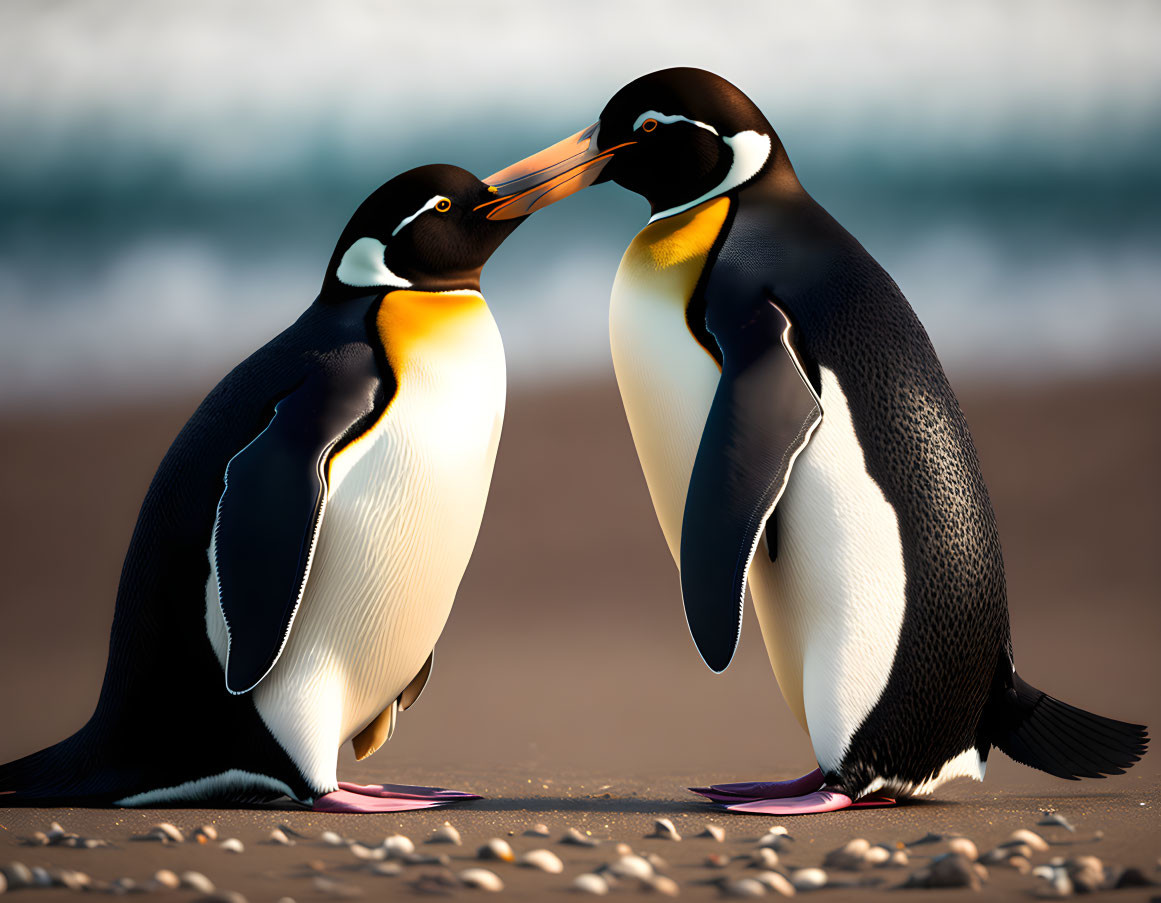 Emperor Penguins Standing Beak-to-Beak on Pebbly Beach