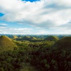 Tropical landscape with dense foliage, houses, and distant mountains