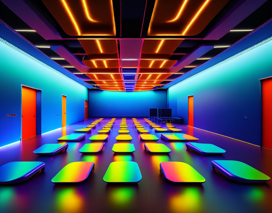 Vibrant Blue and Orange Neon-Lit Room with Colorful Benches