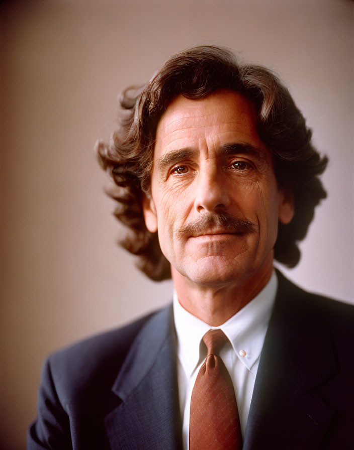 Middle-aged man with mustache and suit gazes at camera