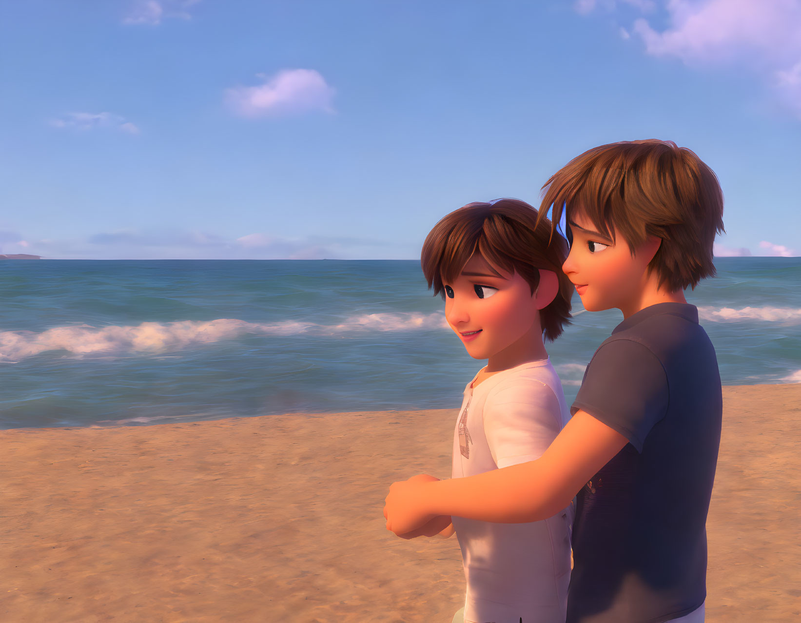 Boy and girl animated characters on beach gazing at sea horizon