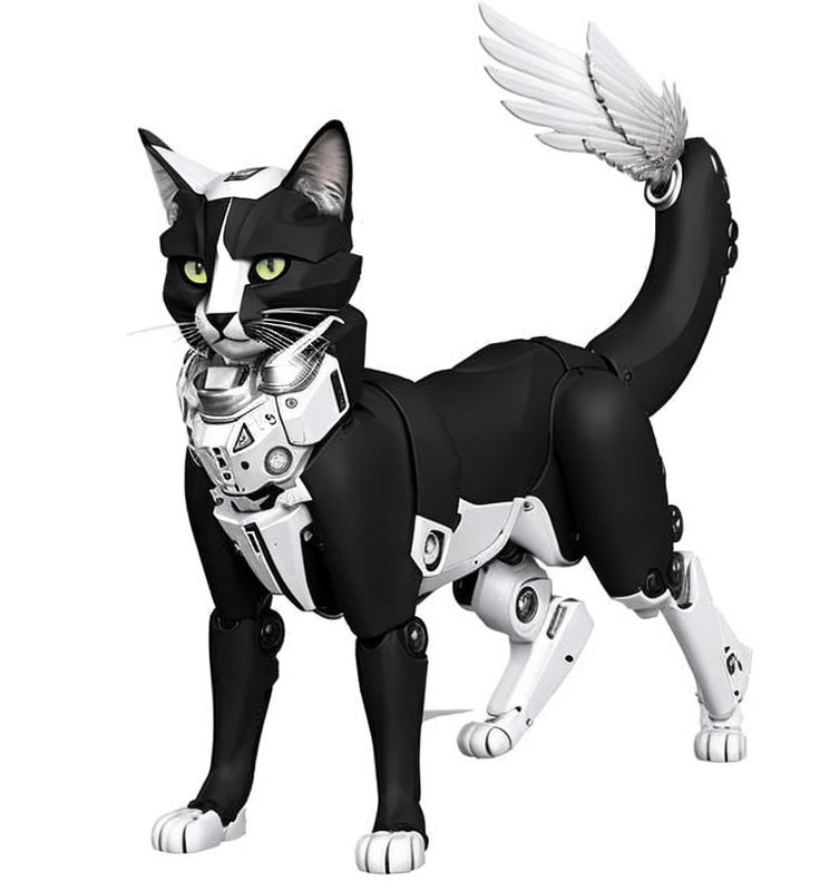 Black and white cat with cybernetic enhancements and mechanical wing