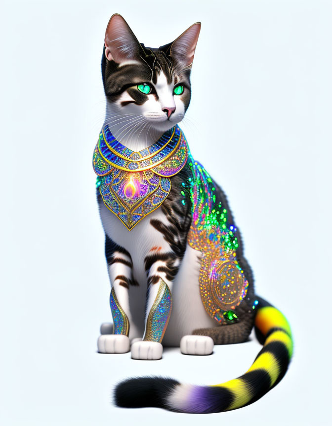 Realistic sitting cat with intricate fantasy jewelry