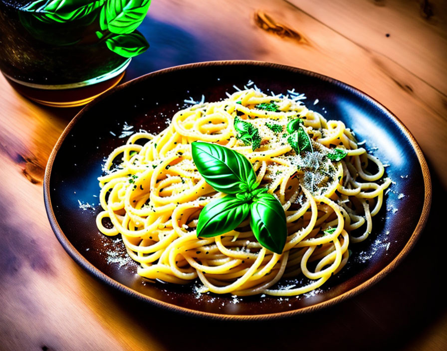 Plate of spaghetti with basil and cheese on wooden table