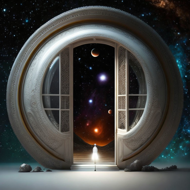 Circular doorway reveals cosmic scene with lone figure against vibrant space backdrop