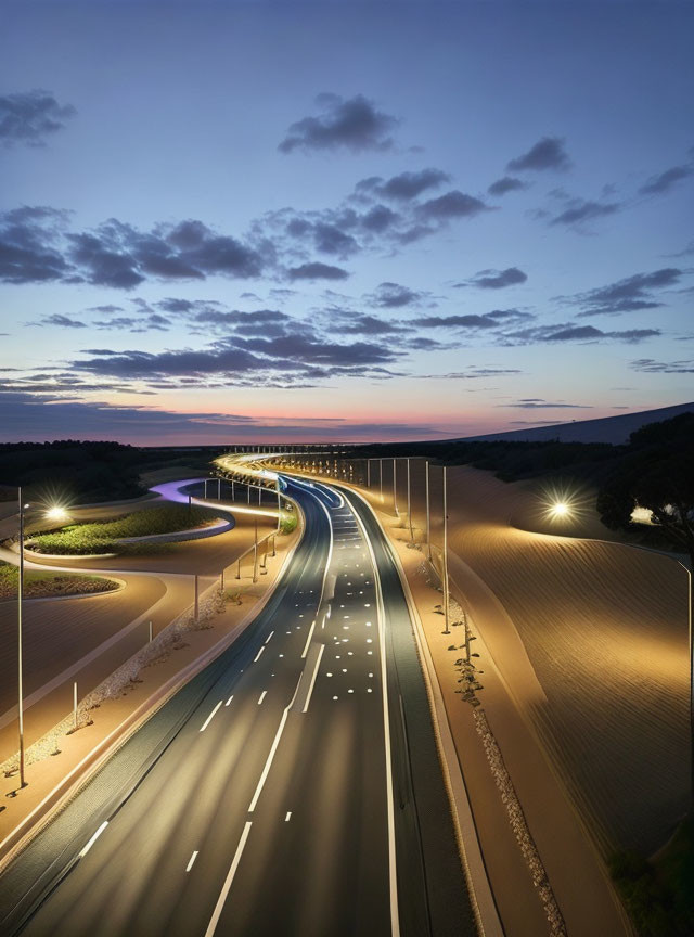 Aerial View of Curving Light Trails on Road at Dusk