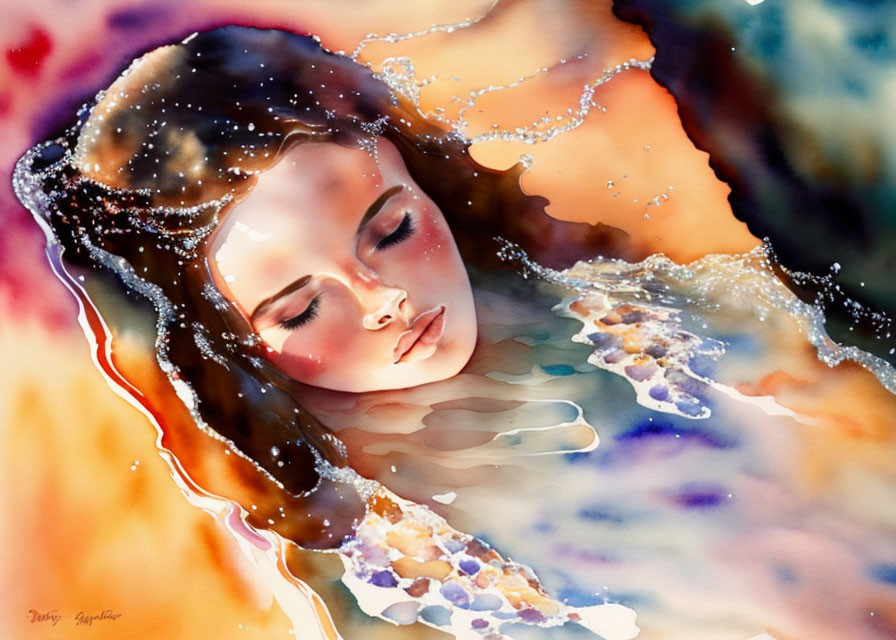 Colorful Watercolor Painting of Woman's Serene Face Blending into Cosmic, Starry Background