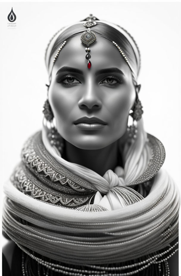 Portrait of woman with headscarf, jewelry, and bindi