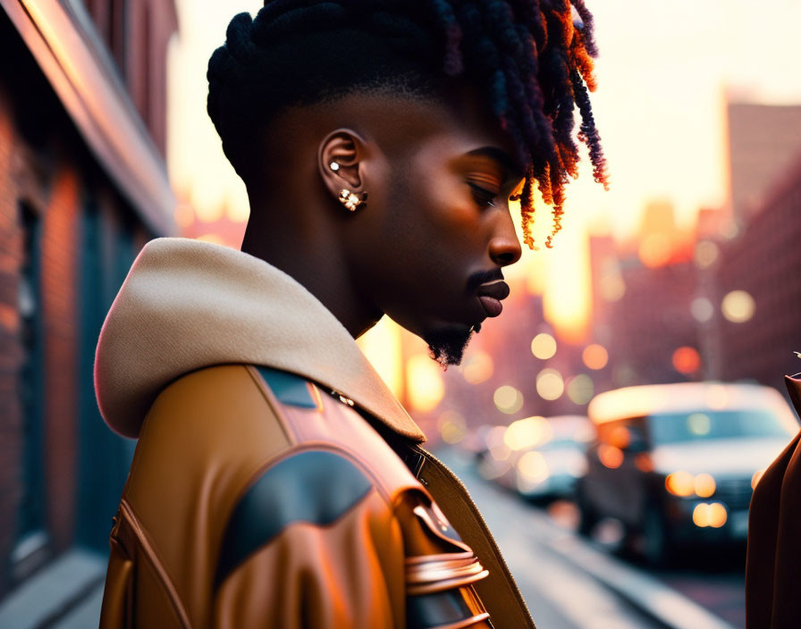 Stylish young person in camel coat on city street at sunset