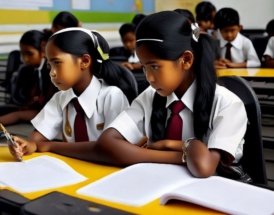 Students in Classroom Writing Notes in Uniforms