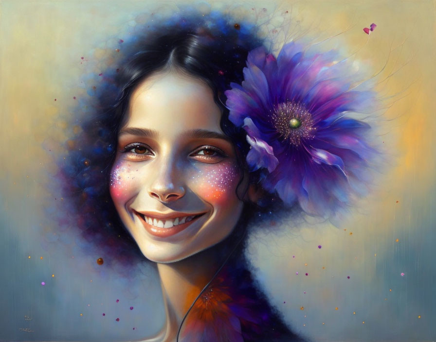 Smiling woman with floral decoration and glitter accents