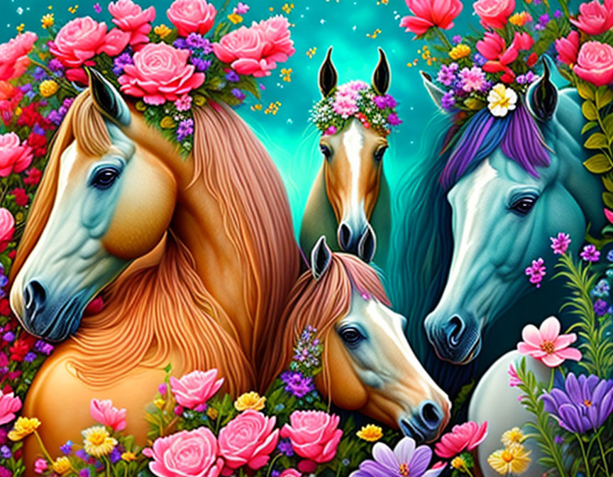 Colorful digital artwork: Four stylized horses with floral adornments on vibrant background.