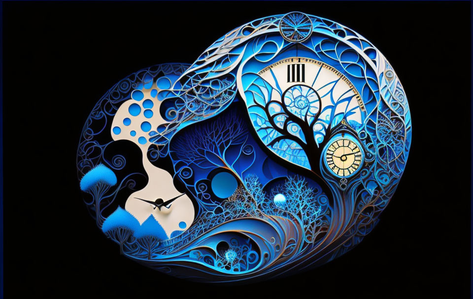 Surreal digital art: sinuous trees, clocks, gears on blue-black background