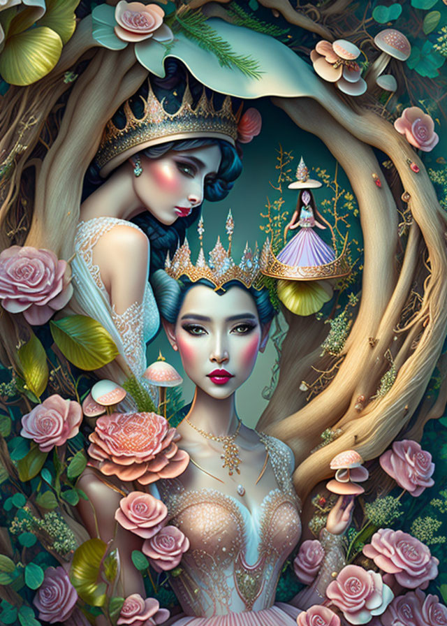 Fantastical illustration of elegant women with elaborate crowns in lush, whimsical setting