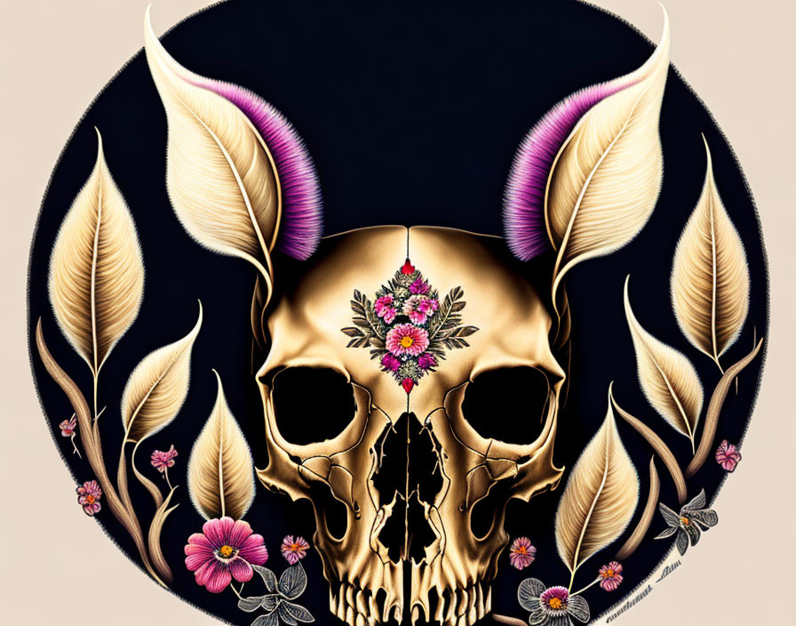 Golden Skull with Floral Designs, Feathers, and Antlers on Dark Background