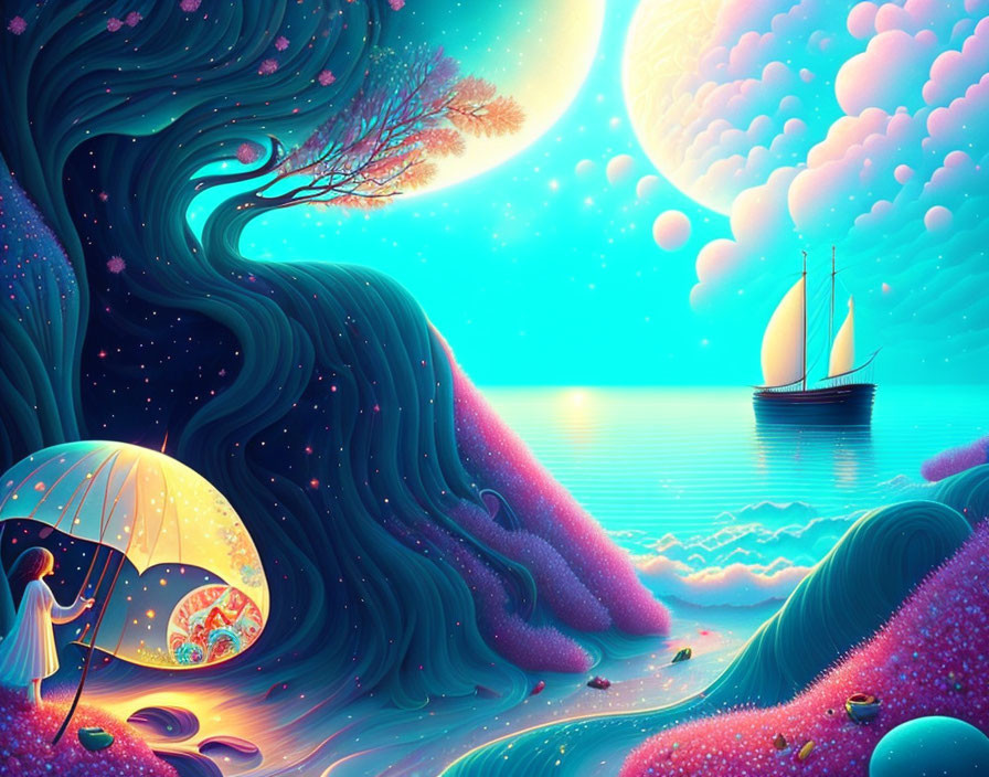 Colorful beach scene with girl, umbrella, tree, waves, sailboat, and moon