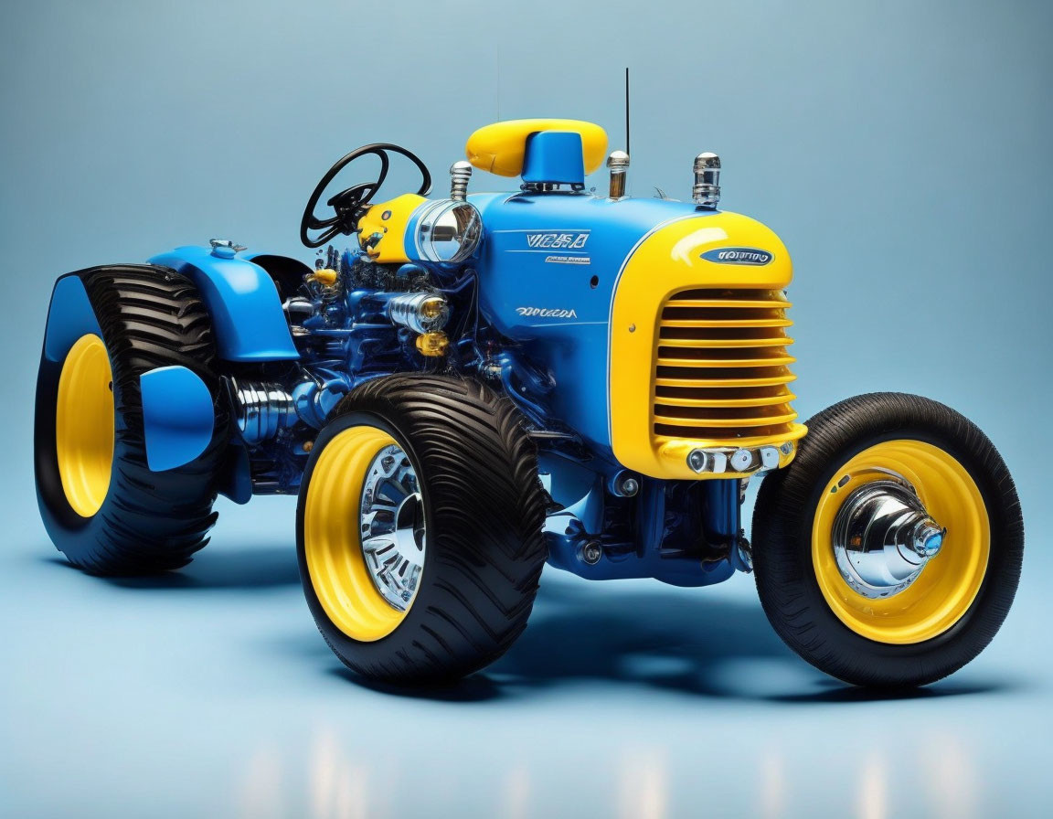 Vintage Tractor with Metallic Blue and Yellow Paint, Chrome Details, and Large Sporty Wheels