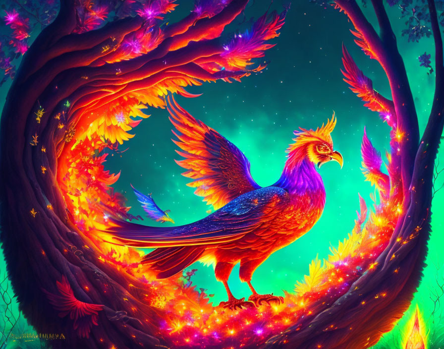 Majestic Phoenix in Colorful, Fiery Forest