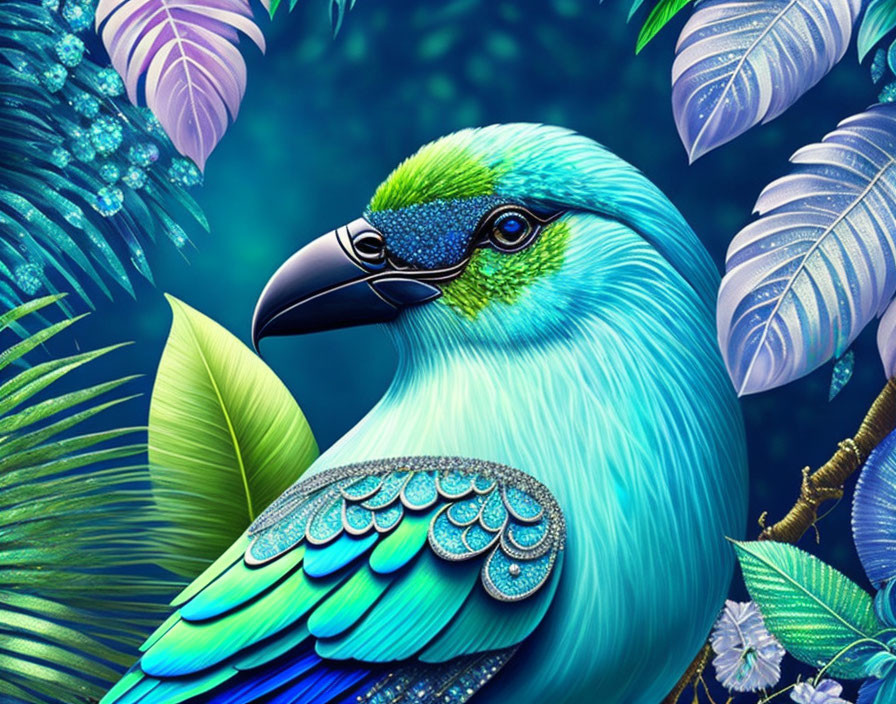 Detailed Blue Bird Illustration Among Tropical Foliage