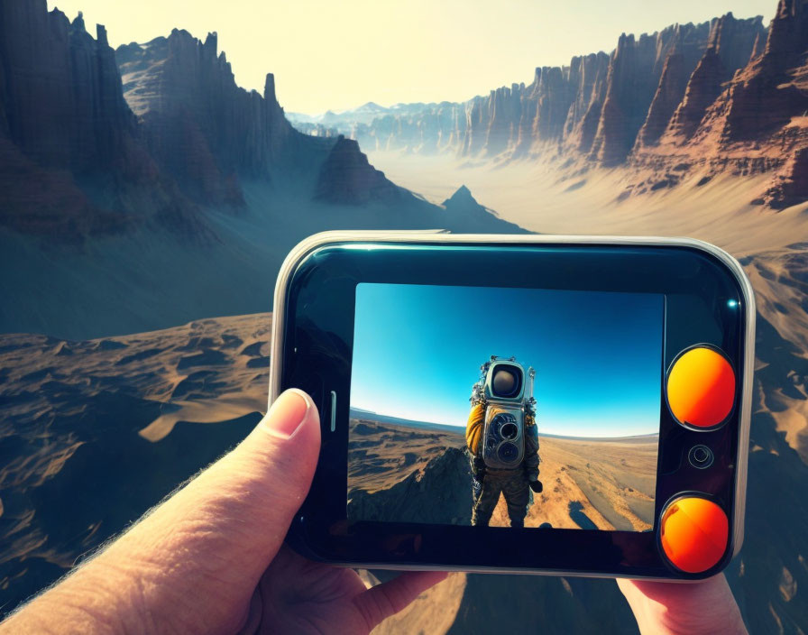 Smartphone capturing astronaut on alien desert landscape