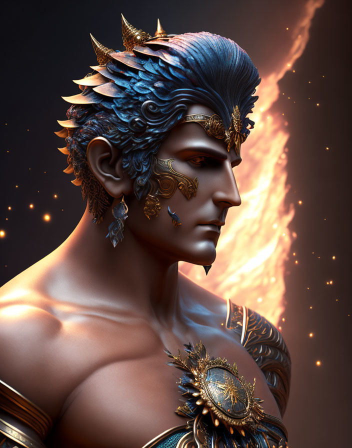 Male figure with blue feathered hair and flames on shoulder in digital art portrait