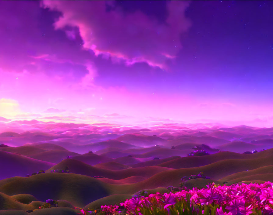 Surreal twilight landscape with green hills, pink flowers, and purple sky