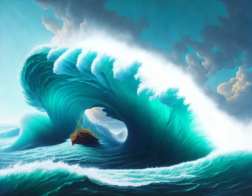 Majestic painting: towering turquoise wave over sailing ship