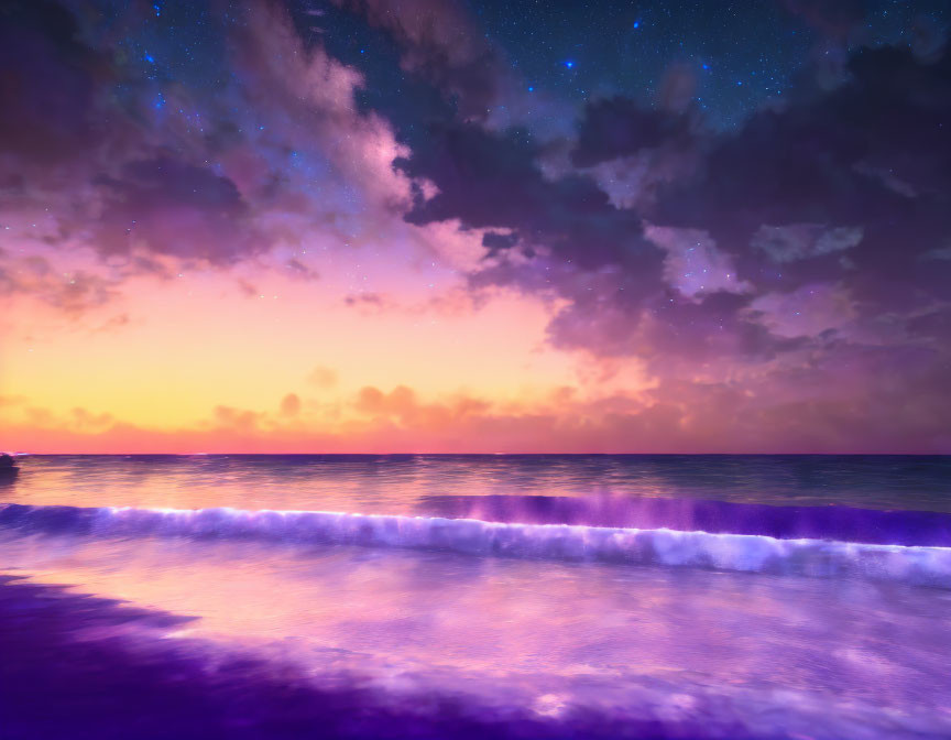 Colorful beach sunset with purple and orange hues, starlit sky, and gentle waves.