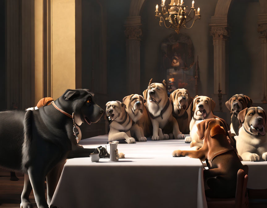 Animated dogs in elegant room meeting.