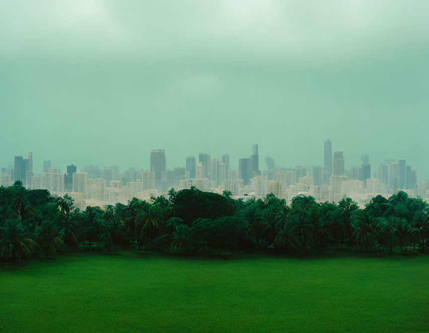 Misty city skyline with lush forest and overcast sky