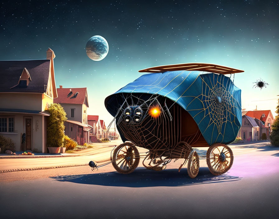 Whimsical digital artwork: Victorian carriage, oversized bee, surreal moon