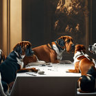 Animated dogs in elegant room meeting.