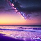 Colorful beach sunset with purple and orange hues, starlit sky, and gentle waves.