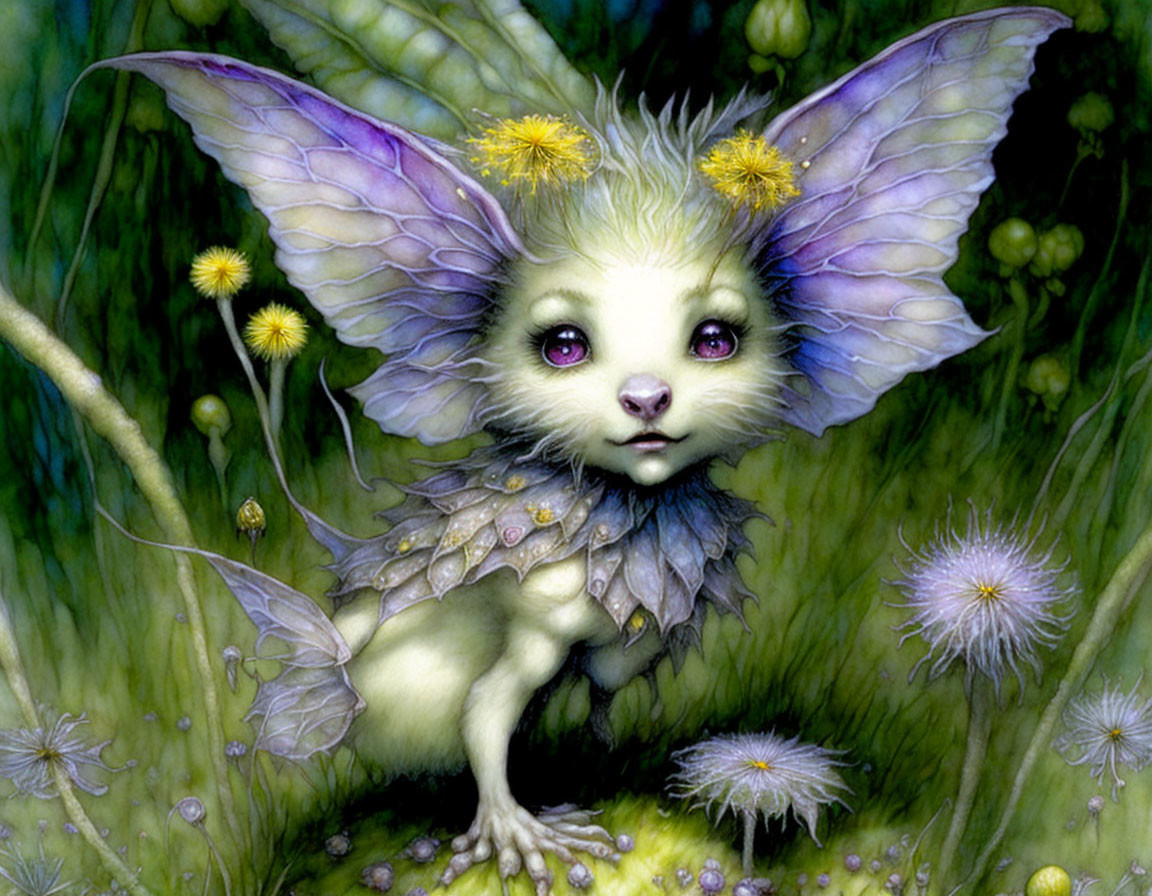 Purple-winged creature with feline face in lush greenery