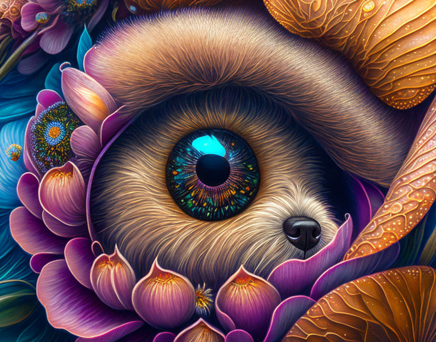 Colorful illustration of cute creature with large expressive eye in lush floral setting