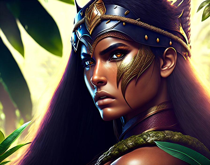 Fierce woman with golden crown and jungle backdrop in digital art