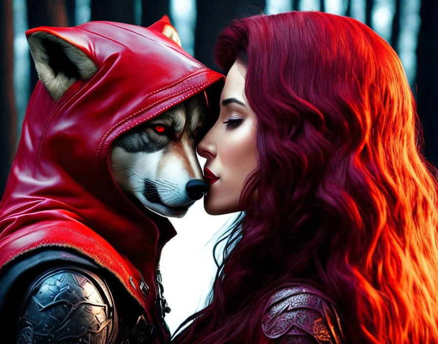 Red-haired woman kissing husky in red hood and armor costume in forest scene