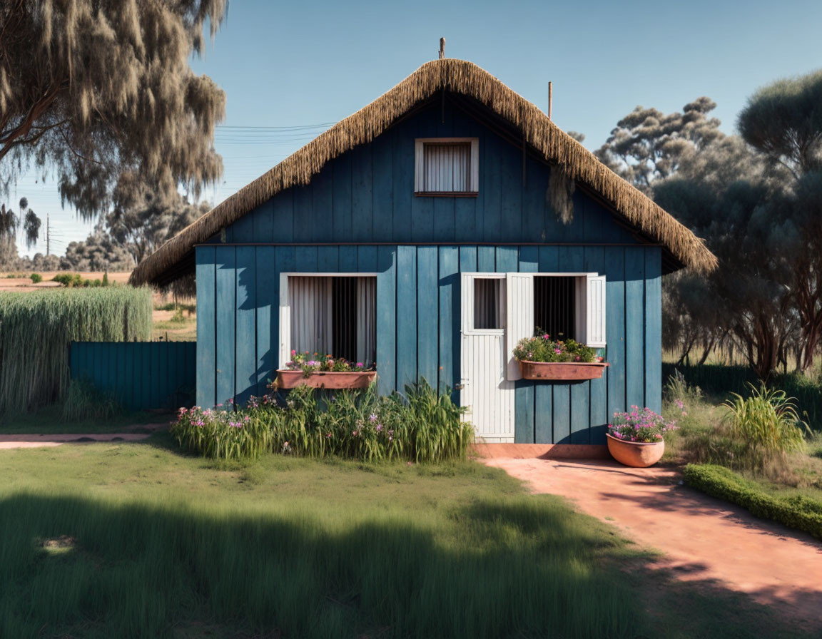 Thatched Roof Blue Cottage Surrounded by Greenery