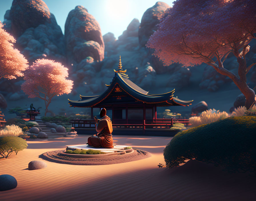 Tranquil Zen garden with meditating monk, pagoda, pink blossoms, rocks at dusk