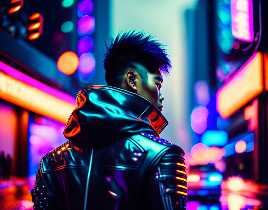 Person with Mohawk & Reflective Jacket in Neon City Lights